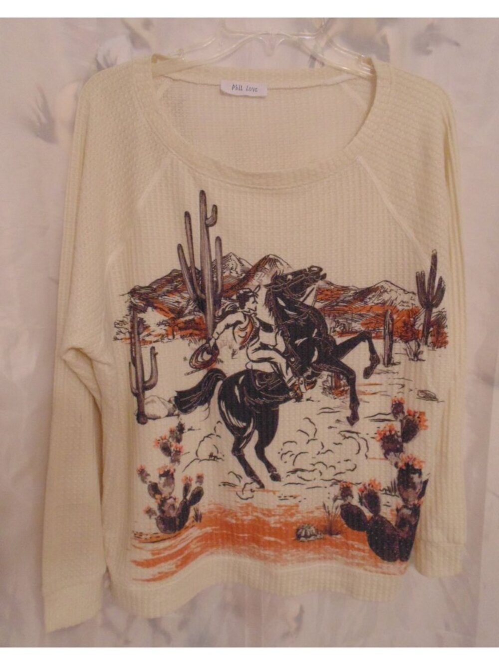 Ladies Phil Love Bucking Cowboy Western Ivory Waffle Boutique Top Size L